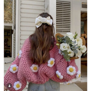Handmade Daisy Chunky Knit Open Cardigan Sweater One Size Whimiscal Grannycore
